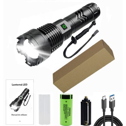 Lanterna LED Profesionala, Reincarcabila, Focus ajustabil, Rezistenta la apa, Incarcare USB, 5 moduri de iluminare, 120.000 lumeni, Acumulator inclus, Negru