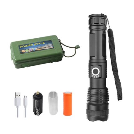 Lanterna profesionala XHP50, zoom telescopic, corp complet din aluminiu, putere mare de 30 W, 5 niveluri de reglare a luminii, indicator de nivel al bateriei, negru