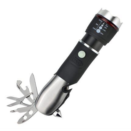 Lanterna LED 800 lumeni AKU Multifunctionala cu USB incarcare priza, cu scule si Bricege incluse in maner, 3 Moduri iluminare, cu Acumulator, otel inoxidabil cu cauciuc anti alunecare, AK5061