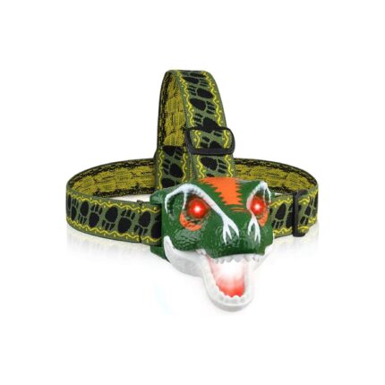 Lanterna frontala de cap pentru copii, LED, Forma de dinozaur T-Rex, cu sunete, 3 tipuri de iluminare, Verde