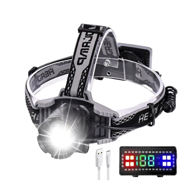 Far, YWX, LED, Montat pe cap, Incarcare USB, Comutator cu apasare, Reglabil, Comutare cu 4 viteze, Afisaj digital, Aliaj de aluminiu, Negru