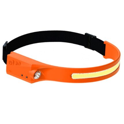 Lanterna cap cu acumulator intern, PYRAMID®, 350 lumeni, leduri COB si XPE, camping, pescuit, service auto, cu incarcare prin cablu USB Type C, senzor miscare, waterproof, portocaliu, L99
