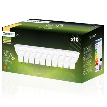 Set 10 becuri LED, Lumiled, MR16, GU5.3, 6W = 50W, 580lm, 3000K, 120°, 12 AC/DC, Alb cald