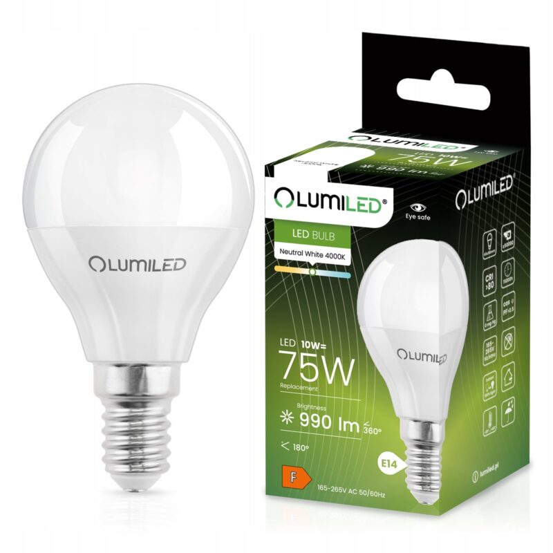 Bec cu LED-uri E14, P45, 10W = 75W, 990lm, 4000K, alb neutru, LUMILED