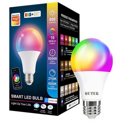 Bec LED RGB inteligent, Wi-Fi, E27, 10W, 810 lm, lumina alba si colorata, control vocal, compatibil Google Assistant, Amazon Alexa, QUTEK