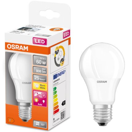 Bec LED Osram LED STAR+ A60, cu senzor de lumina, E27, 8.8W(60W), 806 lm, lumina calda (2700K), clasa energetica F