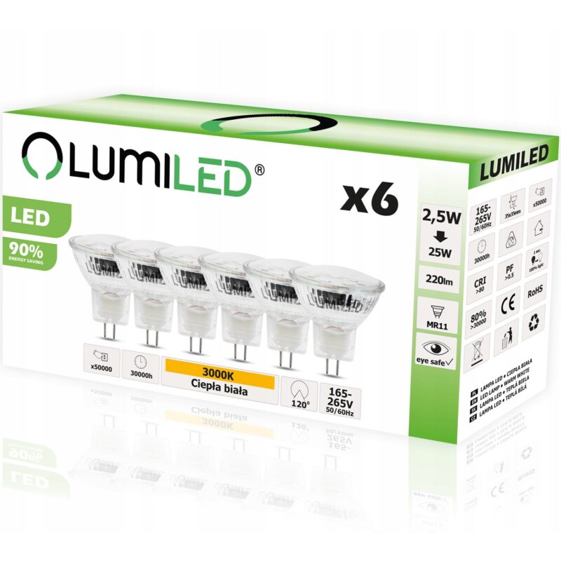 Set 6 becuri LED, LUMILED, GU5.3, MR11, 2.5W = 25W, 220lm, 3000K, Alb cald, 230V
