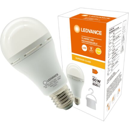 Bec LED Ledvance, cu acumulator 1800 mAh, A60, E27, 8W (60W), 806 lm, lumina calda (2700K), clasa energetica F