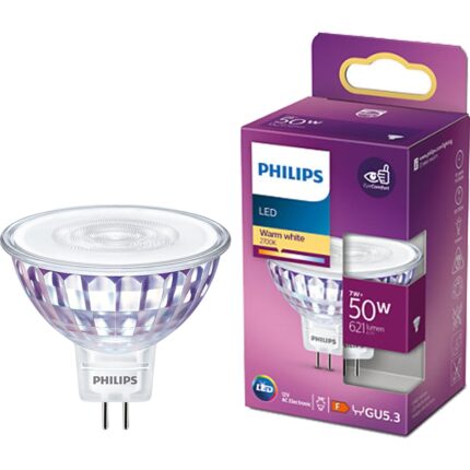 Bec LED spot Philips GU5.3, 7W (50W), 621 lm, lumina alba calda (2700K), clasa energetica F