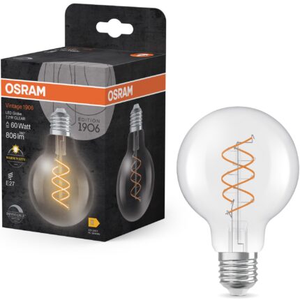 Bec LED decorativ Osram Vintage 1906 Clear, filament, G80, E27, 7.2W (60W), 806 lm, lumina calda (2700K), dimabil, clasa energetica E
