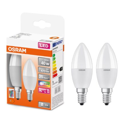 Pachet de 2 becuri LED RGBW Osram, cu telecomanda, E14, 4.9W, 470, lumina alba si colorata, clasa energetica F