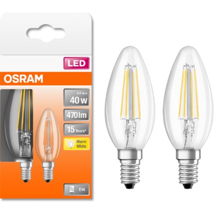Set 2 becuri LED Osram Star filament, B40, E14, 4W (40W), 470 lm, lumina calda (2700K), clasa energetica E