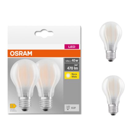 Set 2 becuri LED Osram Glass Frosted, E27, 4W (40W), 470 lm, lumina calda (2700K), clasa energetica E