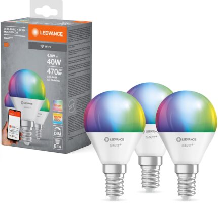 Set 3 becuri inteligente LED RGBW Ledvance SMART+ Wi-Fi, P40, E14, 4.9W (40W), 470 lm, dimabil, lumina alba si colorata, compatibil Amazon Alexa/Google Assistant, clasa energetica F
