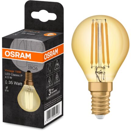 Bec LED Osram Vintage 1906 FIL GOLD P35, E14, 4W (35W), 220 lm, lumina calda (2400K), clasa energetica F