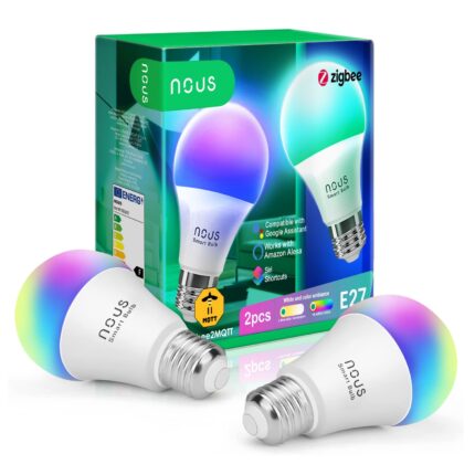 Set 2 becuri LED RGB inteligente Nous P3Z, ZigBee, E27, 9W, 810 lm, lumina alba si colorata, clasa energetica F