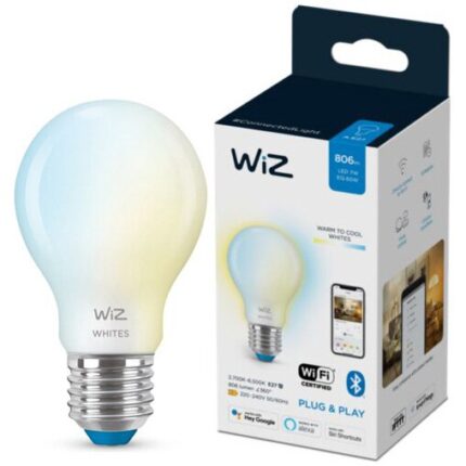 Bec LED inteligent WiZ, Wi-Fi, Bluetooth, A60, E27, 7W (60W), 806 lm, temperatura lumina regabila, clasa energetica E