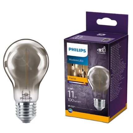 Bec LED vintage (decorativ) Philips Classic, EyeComfort, A60, E27, 2.3W (11W), 100 lm, lumina calda flacara (1800K), Smoky, 10.6 cm