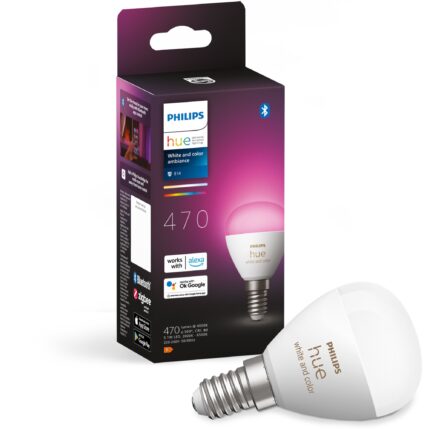 Bec LED RGB inteligent Philips Hue P45, Bluetooth, Zigbee, E14, 5.1W, 470lm, lumina alba si colorata (2000-6500K), clasa energetica F