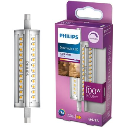 Bec LED spot Philips, putere reglabila, R7S, 14W (100W), 1800 lm, lumina alba rece (4000K), 118mm, clasa energetica E