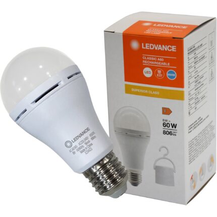 Bec LED Ledvance cu acumulator 1800 mAh, A60, E27, 8W (60W), 806 lm, lumina rece (6500K), clasa energetica F