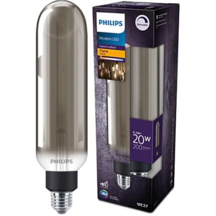 Bec LED vintage Philips Giant T65, intensitate luminosa reglabila (dimabila), E27, 6.5W (20W), 200 lm, lumina calda tip flacara (1800K), Fumuriu, 27.3x6.6 cm
