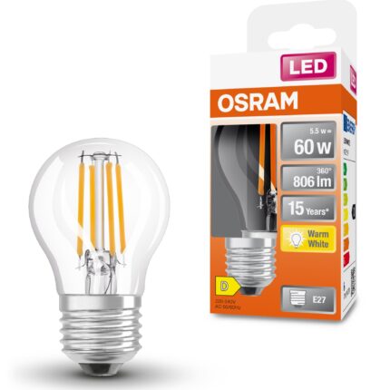 Bec LED Osram Star filament, P60, E27, 5.5W (60W), 806 lm, lumina calda (2700K), clasa energetica D