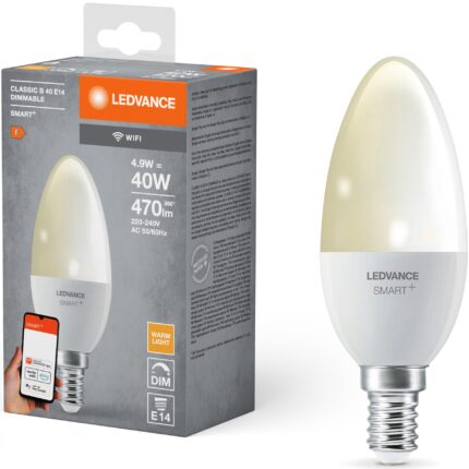 Bec LED inteligent LEDVANCE Smart+ WiFi, B40, E14, 4.9W (40W), 470 lm, lumina calda (2700K), dimabil, compatibil cu aplicatia LEDVANCE Smart+ WiFi / Amazon Alexa / Google Assistant, clasa energetica F