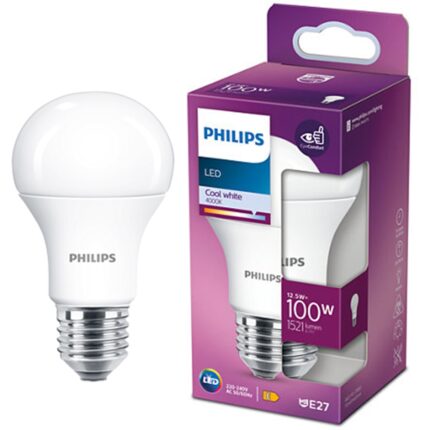 Bec LED Philips A60, EyeComfort, E27, 12.5W (100W), 1521 lm, lumina alba rece (4000K), clasa energetica E