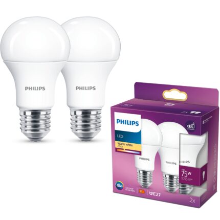 Pachet 2 becuri LED Philips A60, EyeComfort, E27, 11W (75W), 1055 lm, lumina alba calda (2700K), clasa energetica F