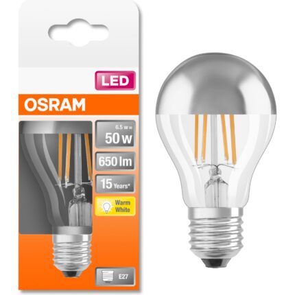 Bec LED Osram cu oglinda pentru machiaj, filament, A60, E27, 6.5W (50W), 650 lm, lumina calda (2700K), Argintiu, clasa energetica F