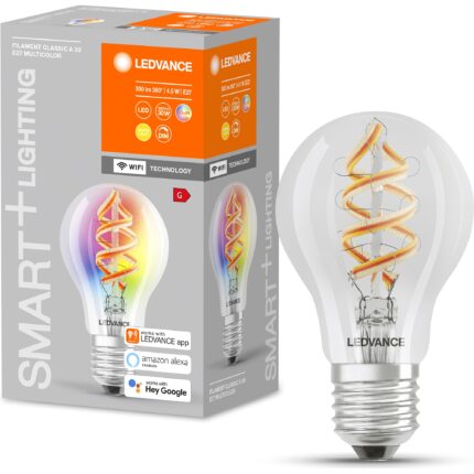 Bec LED RGBW inteligent LEDVANCE SMART+ Filament Classic, dimabil, E27, 4.5W (30W), 300 lm, lumina alba si colorata (2700K), clasa energetica G