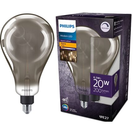 Bec LED vintage Philips Giant A160, intensitate luminosa reglabila (dimabil), E27, 6.5W (20W), 200 lm, lumina calda tip flacara (1800K), Fumuriu, 29.3x16.2 cm