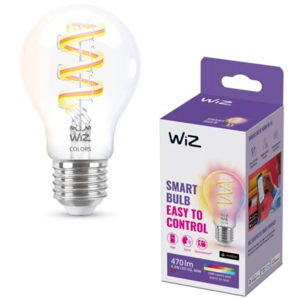 Bec LED RGB inteligent WiZ A60, Wi-Fi/Bluetooth, E27, 6.3W (40W), 470 lm, lumina alba si colorata (2200-6500K), clasa energetica G, transparent