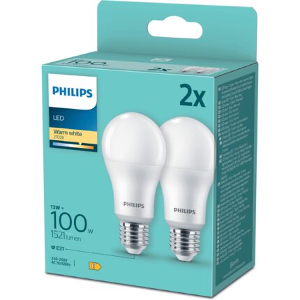 Pachet 2 becuri LED Philips A67, E27, 13W (100W), 1521 lm, lumina alba calda (2700K), Clasa energetica E