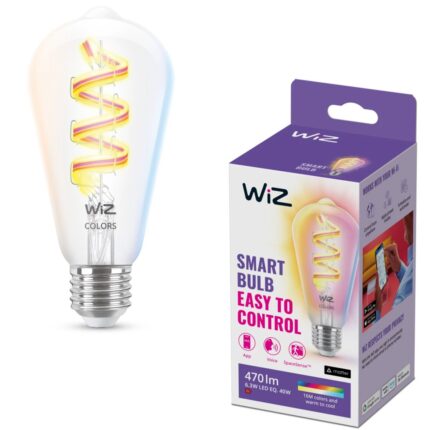 Bec LED RGB inteligent WiZ ST64, Wi-Fi/Bluetooth, E27, 6.3W (40W), 470lm, lumina alba si colorata (2200-6500K), clasa energetica G, transparent