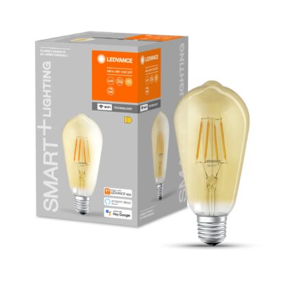 Bec LED inteligent vintage (decorativ) Ledvance Smart, Wi-Fi, filament, Gold Edison, dimabil, E27, 6W (53W), 680 lm, lumina calda (2400K), compatibil cu Amazon Alexa/Google Assistant, clasa energetica E