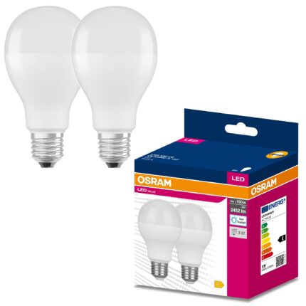 Set 2 becuri LED Osram, E27, 19W (150W), 2452 lm, lumina rece (6500K), clasa energetica E
