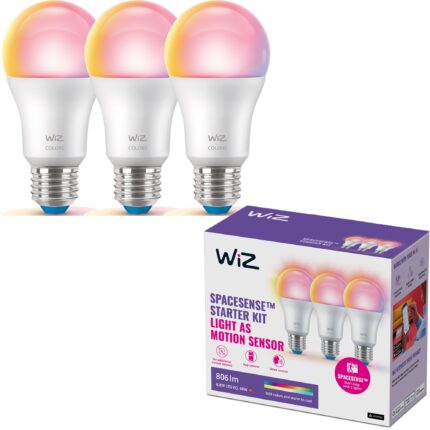Pachet 3 becuri LED RGB inteligente WiZ A60, Wi-Fi/Bluetooth, E27, 8.5W (60W), 806lm, lumina alba si colorata (2200-6500K), clasa energetica F