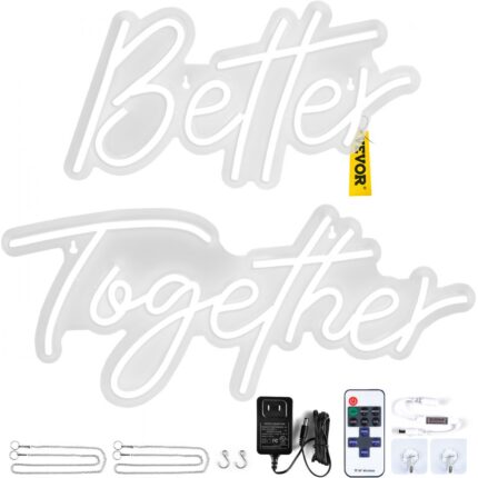 Decoratiune Luminoasa LED Neon, Semn 'Better Together', 61cm×25cm + 44cm×23cm, Lumina Alba, Lumina Reglabila