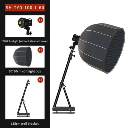 Set de iluminat pentru vlog, luminozitate reglabila, CRI>95, alb, softbox 60x90cm, suport perete 135cm
