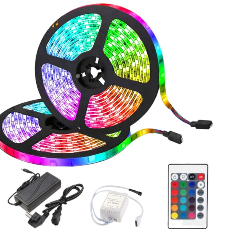Banda Led 5 Metri 5050 RGB cu 60 Leduri/m, IP65, Zibba Life™, Autoadeziva, cu reglare de la Telecomanda