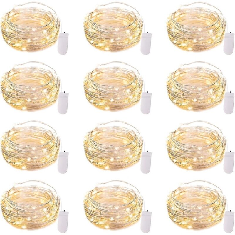 Set de 12 lumini LED de basm, Taspci, Functioneaza pe baterii, 7ft, 20 LED-uri, fir de argint impermeabil, lumini licurici pentru proiecte DIY, decoratiuni pentru nunti, petreceri, dormitor, Craciun