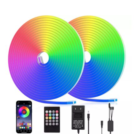 Banda LED Neon RGB 15m(2 x 7.5m), BYLIFITY, G5429-15, Lumina Colorata, Bluetooth, Sincronizare Muzica, Aplicatie Telefon, Telecomanda, Timer, IP68
