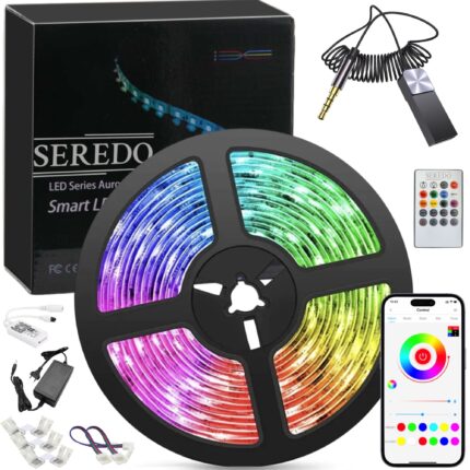 Kit Banda LED Seredo™ 5x metri, RGB, 60 Leduri/metru, Interior-Exterior, Rezistenta la Apa, WiFi, Aplicatie Telefon, Intensitate Reglabila, Telecomanda, 2x Conectori Cablu, 3x Conectori Colt si Adaptor Muzica Bluetooth incluse