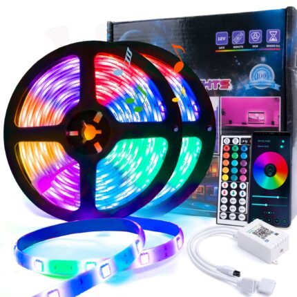 Banda Led SEVESHOP, 2 role x 5 m, intensitate de lumina si culori reglabile prin aplicatie mobila, 5050RGB, sincronizare cu muzica si temporizator, IP65, 30Leduri/m