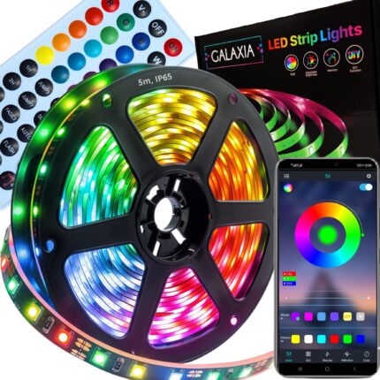 Banda LED exterior 5 metri, rezistenta la apa, IP65, RGB GALAXIA®, Bluetooth, Aplicatie telefon, Telecomanda, Mod muzica, Adeziv puternic