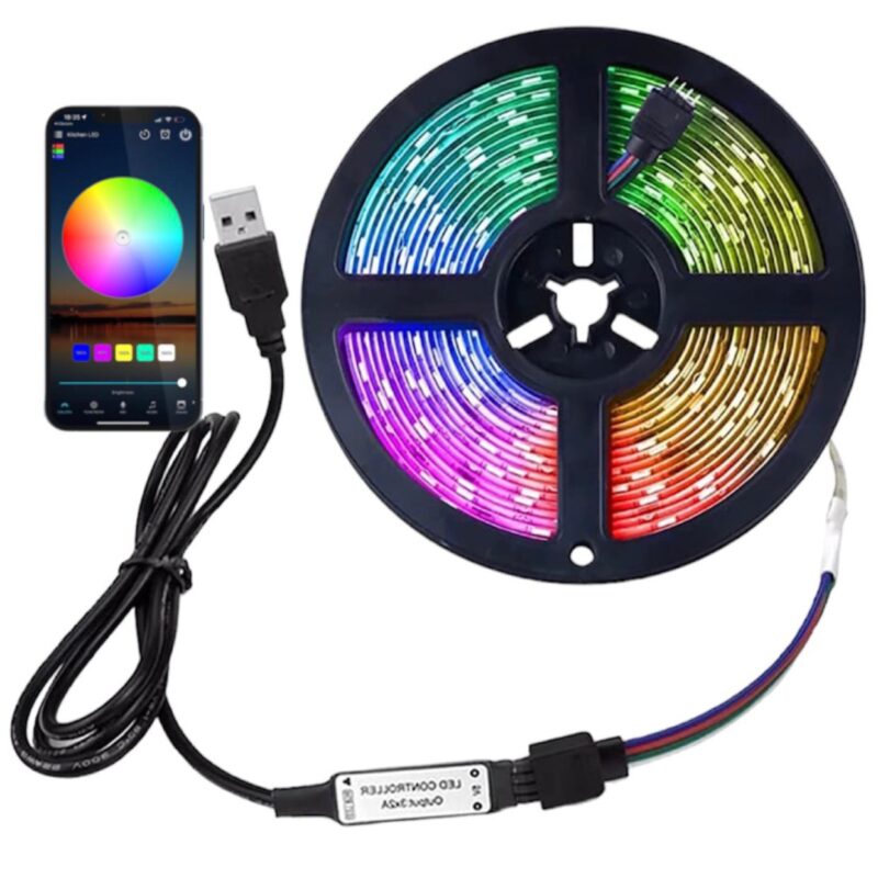 Banda LED 5050 RGB, 5 metri, Interior, 150 leduri, Adeziva, Wi-Fi, aplicatie telefon, timer On/Off, mod muzica, microfon, intensitate lumina reglabila