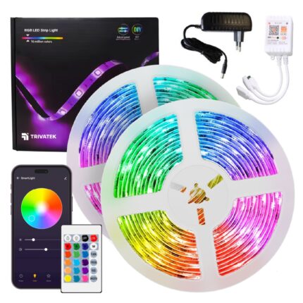 Banda Led WiFi Inteligenta TRIVATEK™️, 10 Metri RGB(2x5m), 60 Leduri/M, IP65, Interior sau Exterior, Rezistenta la Apa, Adeziva, Control Telecomanda, Aplicatie, Intensitate Reglabila, Mod Muzica, Adaptor Alimentare, Telecomanda si Controller Smart incluse
