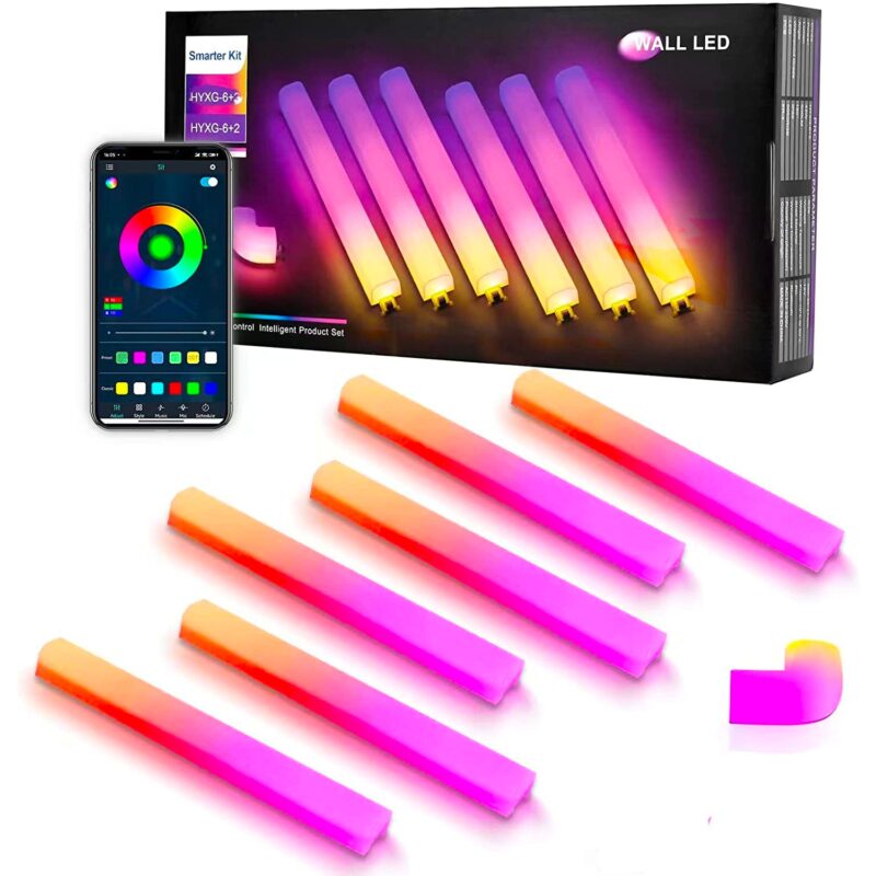 Set 6 buc bara LED RGBIC inteligent Elindor® Wall Light, Wi-fi, sincronizare muzica, lumina colorata, Google Assistant/Alexa, 180 cm, 6 x 30cm